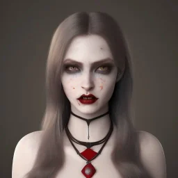 woman vampire, pale skin, brown long hair, galaxy cloak, blue eyes, very red lips, prominent cheek bones, slightly gaint face