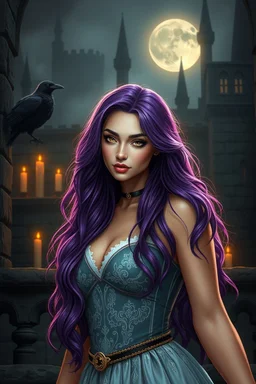 super beauty woman, good body, cute big bubs, nice body, purple long haired, model style, milf, rude mode, stay into a dark castle, moonlight on window, ravens an candles, old swatch, wall older