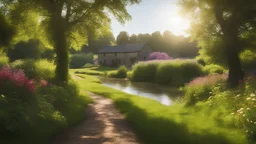 Beautiful realistic rural landscape, warm sunshine, lush plant growth, flowers, human habitation, brook, peaceful, delightful, idyll, award-winning photograph, detail, beautiful composition, attractive colour, chiaroscuro, rule of thirds