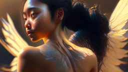 beautyfull asiatic woman, art by kiera malone , concept art modern photorealistic, in the style of , Artstation, sunlight, Unreal Engine sharp fine details trending on artstation reflections 4k ultra realistic post-processing A detailed illustration of a beautiful young female human with growing out of her back. Her skin, hair and face are all made of paint. Her wings are spread. Front view. Highly detailed flawless facial features and eyes. Abstract Oil painting splash art. White ba