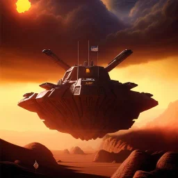 volumetric dramatic desert Battle scene with futuristic hovering military armored Hovercraft painted by chris foss, floating, 4k, 8k, Minutiae, highly detailed, Cannon Turret, antennae, pennant, hovering, stripes, sunset [duststorm, nimbus clouds]