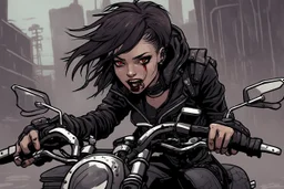 scarred cyberpunk vampire girl showing fangs with short cropped cyberpunk hair riding a black cafe racer motorcycle in a post apocalyptic wasteland at 3 am