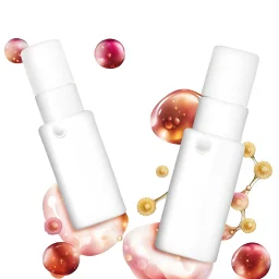 two bottles for cosmetics, behind a beautiful floral spring floral background, top view picture, in the background there are beautiful soap bubbles, molecules and honeycombs, high-quality picture, top view