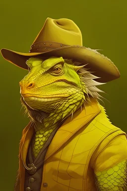 a large yellow bearded dragon lizardfolk cowboy bounty hunter