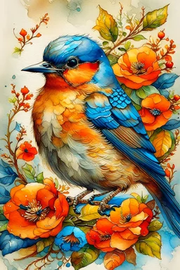 This enchanting, extremely detailed watercolor features a 3/4 closeup portrait of a vibrant Robin, adorned with flowers and a foliage crown, setting on a branch against a heavily textured beige background. nature and whimsy in a botanical style. The piece boasts warm orange and cool blue hues. .