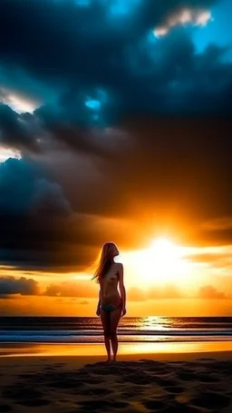 A beautiful naked girl standing on the beach sound looking to sunset clouds bright light shining