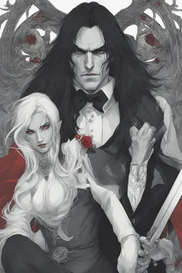 Vampire count Strahd Von Zarovich has long black hair and red eyes, with a woman with white hair