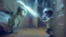 child kills the alien that came out of his closet with a magical sword