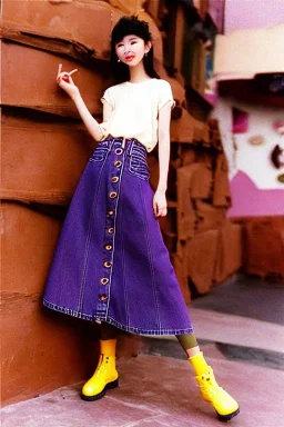 year 1996 denim fashion. Loose skirt, low waist. Colors: denim blue, blue, purple, khaki, light green, lilac, plum, orange, terracotta, red, light yellow, lion yellow, pink, dark blue, beige.