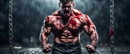 Hyper realistic angry furious muscular man carrying a fancy knife with blood on it standing on a metal surface with hanging metal chains at rainy night