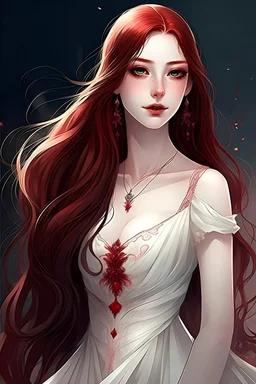A very beautiful girl with very pale skin, pink lips, very long, dark red hair, and red eyes that sparkle like fire. She stands and looks forward, wearing a bright, beautiful white dress.