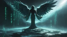 matrix codes and the back ground of the angels with wings siting monolith made of tiberium crystals