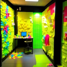 Bright Studio,What steal the smelling of food, covered in multi-colored post-it notes, fashion items made out of post-it notes, post-it notes covering space, background has two walls with multi-colored post it notes