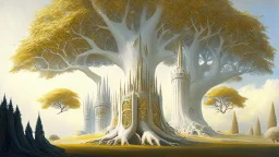 Valinor, tolkien, two giant trees, one giant golden tree, one giant silver tree, surrounded by a giant white castle.
