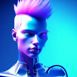 teenager, hyper realistic, cyberpunk style, shaved hair, latex, gradient color, BLUE, PINK, CYAN, neon, insanely detailed, 16k resolution, perfect eyes, cinematic smooth, intricate detail