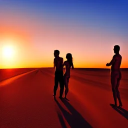 man and woman with no clothes, making love, desert road, sunset, full colour,