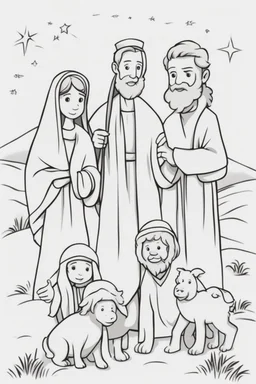 cartoon style, only strokes black white, simple lines, baby Jesus lying in a manger, mary and joseph, barn animals, the 3 wise men, white backgrond, white hair and beard, biblical characters, no grayscale