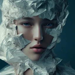 rendered in blender trash bag on his head and crumpled paper as a texture, collage paper and tape, slit - scan photography, high resolution, cinematic, unreal 6, breathtaking detailed