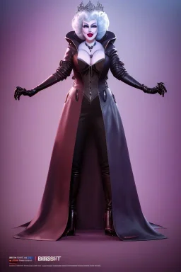 Mae West as evil queen in black leather, leather, busty, cleavage, angry, stern look. character design by cory loftis, fenghua zhong, ryohei hase, ismail inceoglu and ruan jia. unreal engine 5, artistic lighting, highly detailed, photorealistic, fantasy