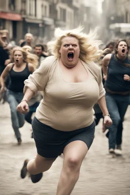 an obese terrified blonde woman running away from an angry mob