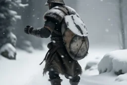 a man carrying a heavy ton boulder on his back, wearing warrior knight armour, walking in cold windy weather, leaving bloodstains on the snow, arrows shot stuck on his chest, dramatic