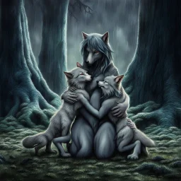 an anthropomorphic female wolf hibrid hugs with paws her two anthropomorphic wolf-kid hibrid child on field, in background tall trees wirh big trunks, rain, down on blue-green moss, hug each other , rainy day, high contrast, high detalied, atmospheric, fantasy, sci-fi mood