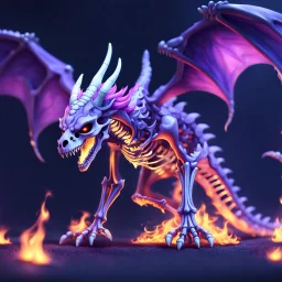 cute Skeleton dragon, fire, purple, ultra realistic, 8k