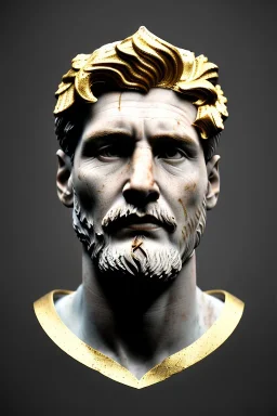 Ultra Realistic image, Roman sculpture, white marble material, Lionel Messi, gold Laurel leaves wreath, renaissance ornaments, one gold star in heart, marble and gold ornaments background, chisel style, waist up portrait, emperor style, epic, celestial, cinematic lighting, God light, god rays, 4k resolution, smooth details, ornate details, soft lighting, unreal engine 5, art station, substance 3d.