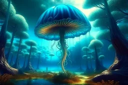 Alien forest with an umbrella made from a jellyfish, photorealistic, Detailed Matte Painting, Deep Colour, Fantastical, Intricate Detail, sunshine, blue sky