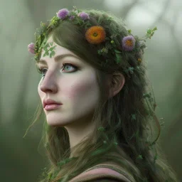 A beautiful female celtic druid with hair made out of flowers, digital art, HD, 8k, high definition, very high quality, detailed eyes, nature, druid, fantasy