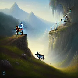 knight riding donky on a line above a valley, fantasy art