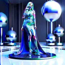 a beautiful black and white art picture of fashion model lady posing with cute and with high heels,midy skirt, pretty stage made of metallic blue-gray teme 3d recursive cubic and sphere base structures and the scene is in color,makeup curvy long hair.