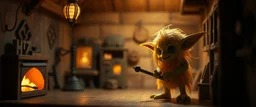 air brush 3d with pen outline,spaghetti western fluffy goblin edgy hero, shallow depth of field, warm lantern, pin hole cam in doll house