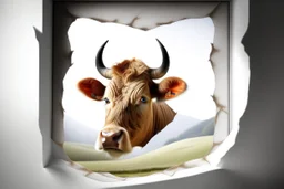 white,background,looking,through,a 3-d, broken,window,with,sharp,edges hole,watching,a,highland cow