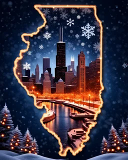 A outline of the State of Illinois against a dark snowy background with snowflakes falling down.. In the center of the state is a image representing the skyline of Chicago at Christmas with its beautiful buildings and architecture. The rest of the area inside the outline is softly glowing xmas trees.