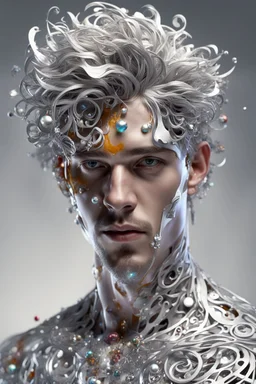 PAPERCUT 3d photo realistic portrait of young man, fantasy, handsome, hard eyes, shiny streaks of paint, filigree, shiny paint blobs, shiny white transparent skin, shiny molten metalics, baubles, papercut, wild hair, high definition, octane render, 64k, 3d