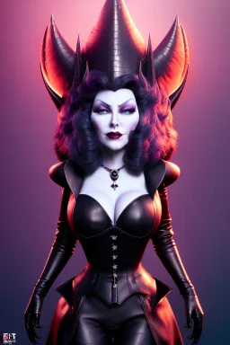 Mae West as evil queen in black leather, leather, busty, cleavage, angry, stern look. character design by cory loftis, fenghua zhong, ryohei hase, ismail inceoglu and ruan jia. unreal engine 5, artistic lighting, highly detailed, photorealistic, fantasy