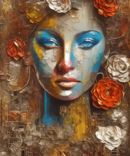  an abstract painting of rusted metal and flowers, african portrait, rust, scaffolding, iron cladding, decay, mixed media, textured, anatomically correct, beautiful perfect face, sharp focus, highly detailed