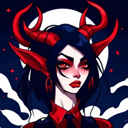 mad devil with horns with long black or extremely dark blue hair aesthetic girl red night sky posing cartoon smooth shiny