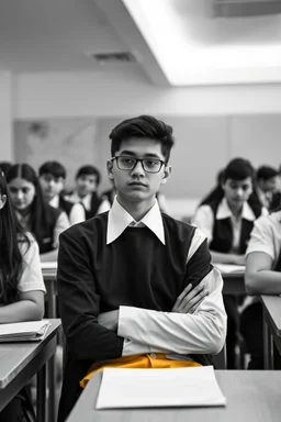 A student in the class studying a black and white picture for all students uniforms one student in front white a yellow custom only