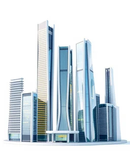 3D modern futuristic skyscrapers in cartoon Pixar style on white background, png, high resolution, highly detailed texture.