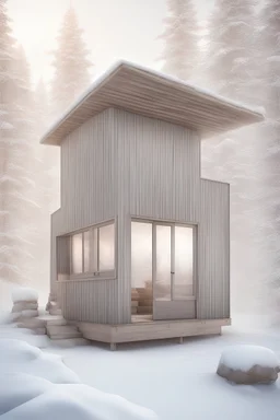create a realistic warming hut located in winnipeg. The hut should be minimalist, add people. no platform