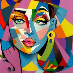 a painting of a woman with a colorful face, a cubist painting by Romero Britto, featured on pixiv, cubism, picasso, cubism, fauvism