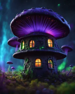 An illogical floating mushroom house on a clear moonless night. . Bright Bold Bright Colors, green blue purple black, Starry Dark cosmic interstellar. Detailed Matte Painting, deep color, fantastical, intricate detail, splash screen, hyperdetailed, insane depth, concept art, 8k resolution, trending on Artstation, Unreal Engine 5, color depth, backlit, splash art, dramatic, High Quality Whimsical Fun Imaginative Bubbly, perfect composition