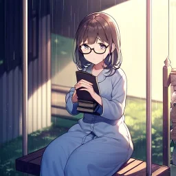 anime girl sitting on a porch swing of an old house, journaling, wearing pajamas, writing in a book, shes watching it rain, more detail on hands and her face,shes deep in her thoughts, wearing glasses, rain drops, she has a pencil in her hand and is writning in the book, she is looking down at what she is writing