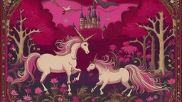 A dark magenta magical domain with winged unicorns designed in medieval tapestry