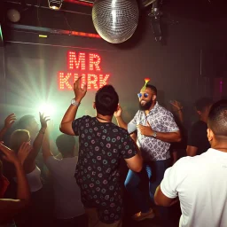 "MR Kukrunk" is Benny, and "DJ Roy" in a disco, dancing, "MR Kukrunk" on sign wall, disco light, strobe, smoke. disco ball, 1000 dancing people