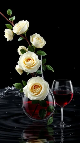 Elegant Wine Breathing Carafe Classic Red Wine Glass Table Decanter Set Exquisite Wine Decanter Aerator Unique Decanter Set Home Decoration for Red Wine Cognac Bourb image is a digital artwork that depicts a branch of tree of light black roses and leaves tangling in to a water in the river with aThe rose floats on the surface of the water, creating a wave-like effect. The background is black, which makes a branch of a tree of white roses stand out even more. Water droplets are scattered adding t