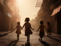 children playing on the Indian street capture them against the sun and make an art silhouette, details, sharp, 8k