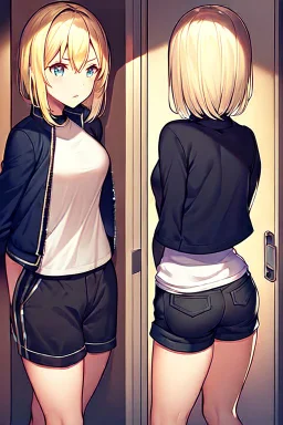 blonde girl with short jacket and shorts runs in a corridor, back view, line arts, manga style